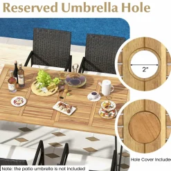 Tangkula 7 Pieces Patio Dining Set with Acacia Wood Dining Table, Rattan Armchairs, Soft Cushions