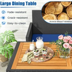 Tangkula 4 Pieces Patio Dining Set, Space Saving PE Rattan Loveseat with Acacia Wood Top Dining Table