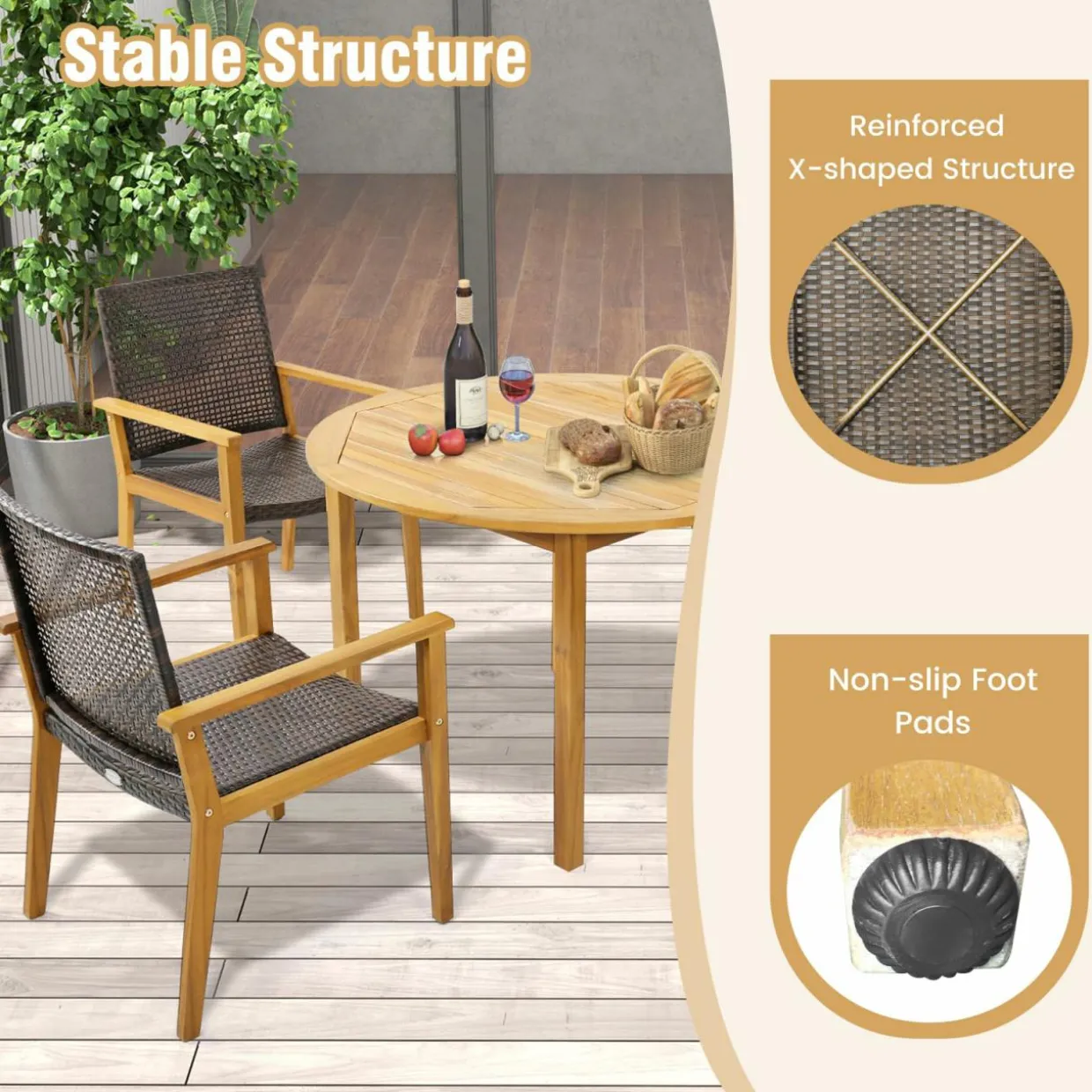 Tangkula 5 Pieces Patio Dining Set, 4 Patio Wicker Armchairs and Round Acacia Wood Dining Table