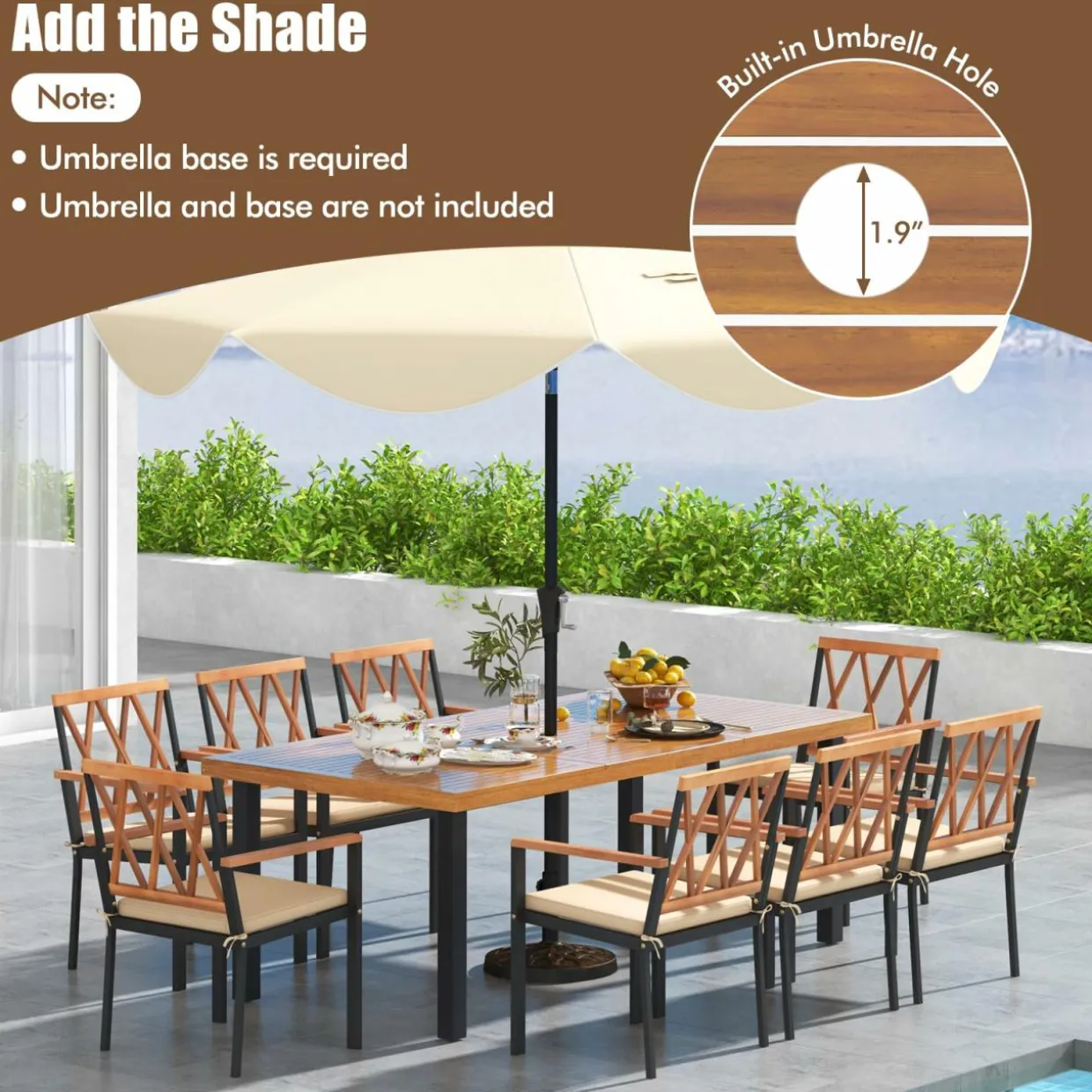 Tangkula 9 Pieces Patio Dining Set, Outdoor Acacia Wood Table and Chairs with Soft Cushions and 1.9” Umbrella Hole
