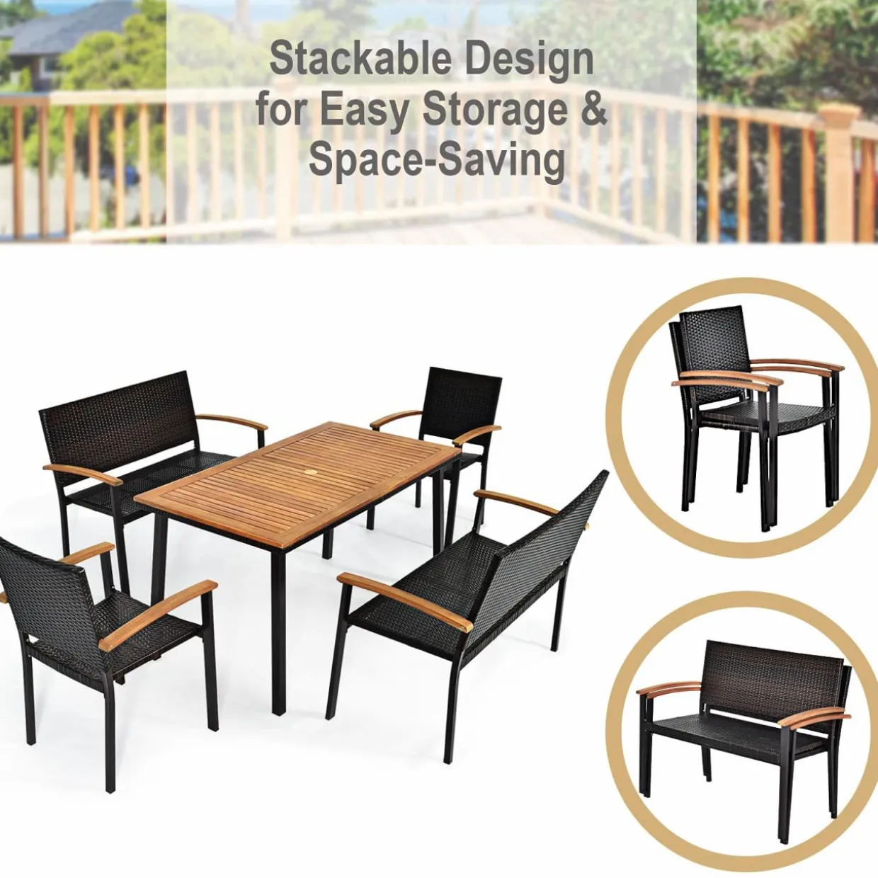 Tangkula 5 Pieces Patio Dining Set, Modern Conversation Set w/Solid Wood Table & Umbrella Hole for Backyard Garden Porch