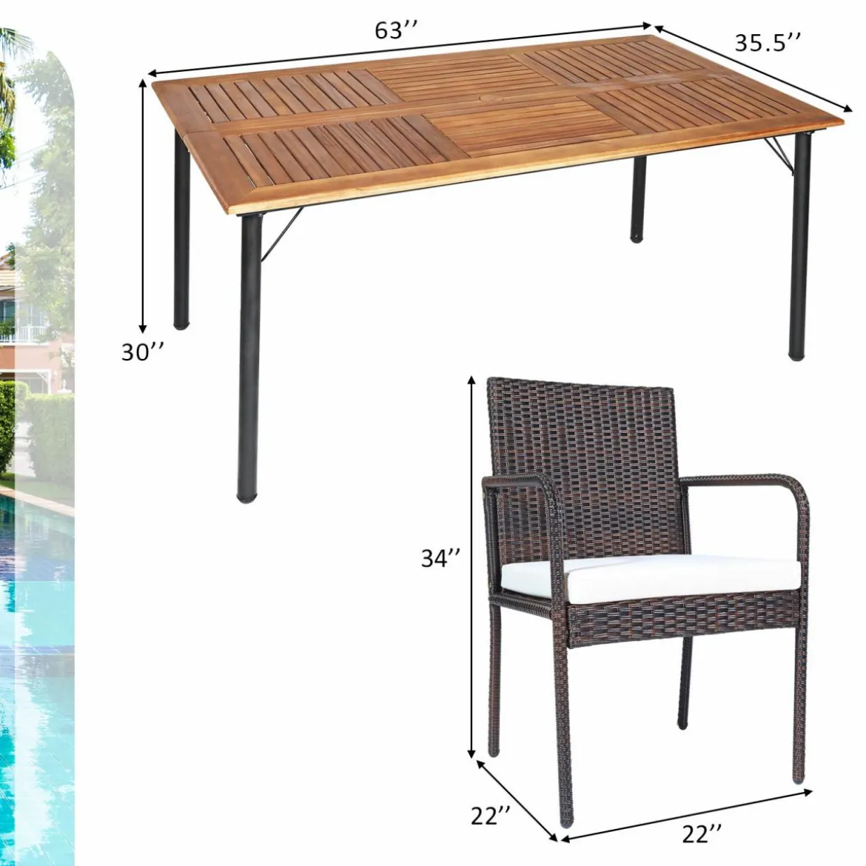 Tangkula 5 Pieces Patio Dining Set, Acacia Wood and Wicker Furniture Set w/2.16"Umbrella Hole for Backyard