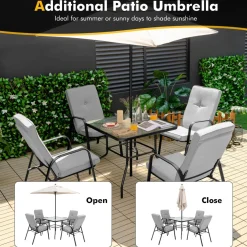 Tangkula 6 Pieces Patio Dining Set w/Umbrella, 35 Inches Square Steel Tempered Glass Table (Grey)