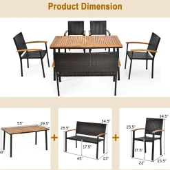 Tangkula 6 Pieces Patio Dining Table and Chairs, Includes All Weather Heavy Duty Acacia Wood Dining Table with Umbrella Hole