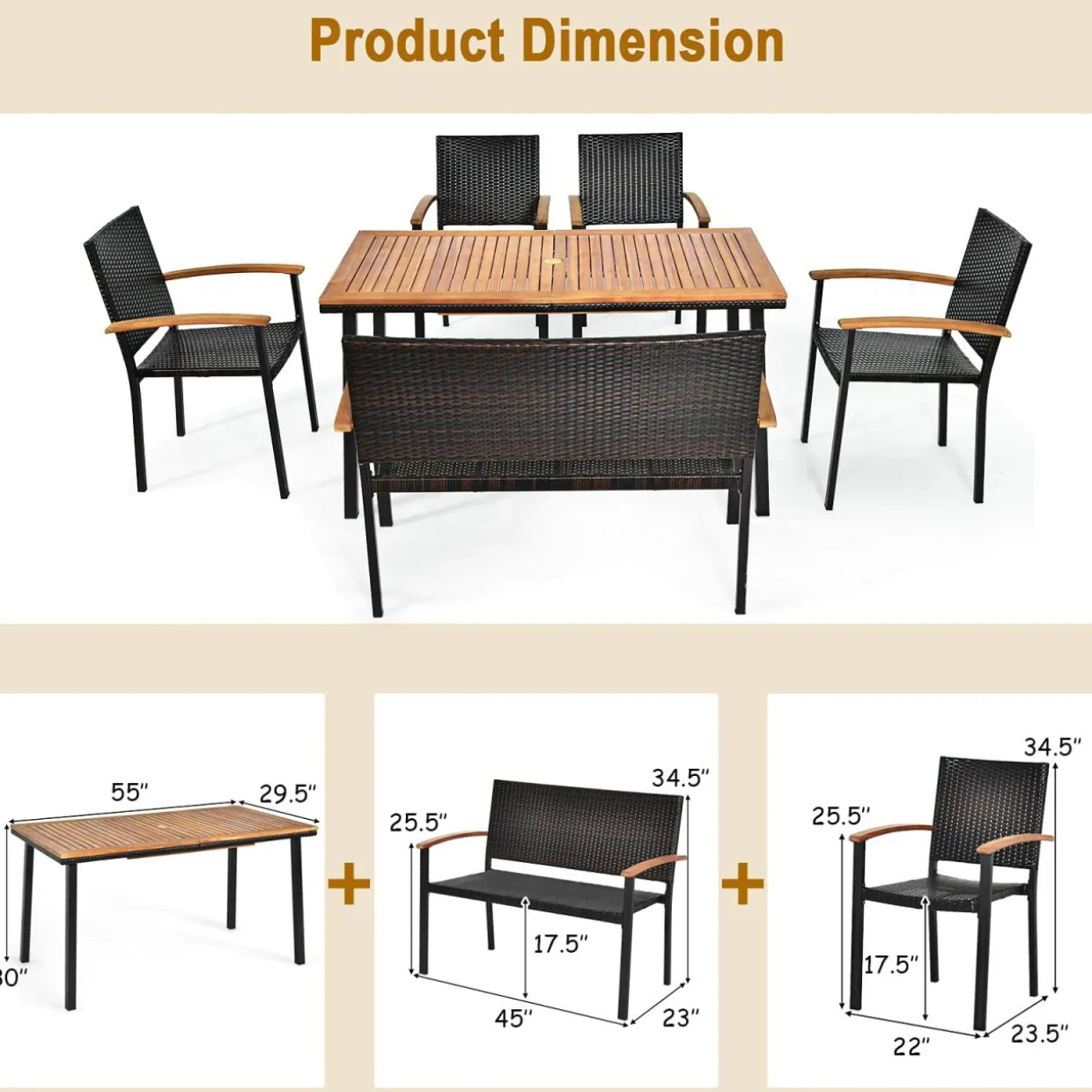 Tangkula 6 Pieces Patio Dining Table and Chairs, Includes All Weather Heavy Duty Acacia Wood Dining Table with Umbrella Hole