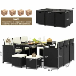 Tangkula 11 Pieces Patio Dining Set, Space-Saving Wicker Chairs & Tempered Glass Table with Ottomans