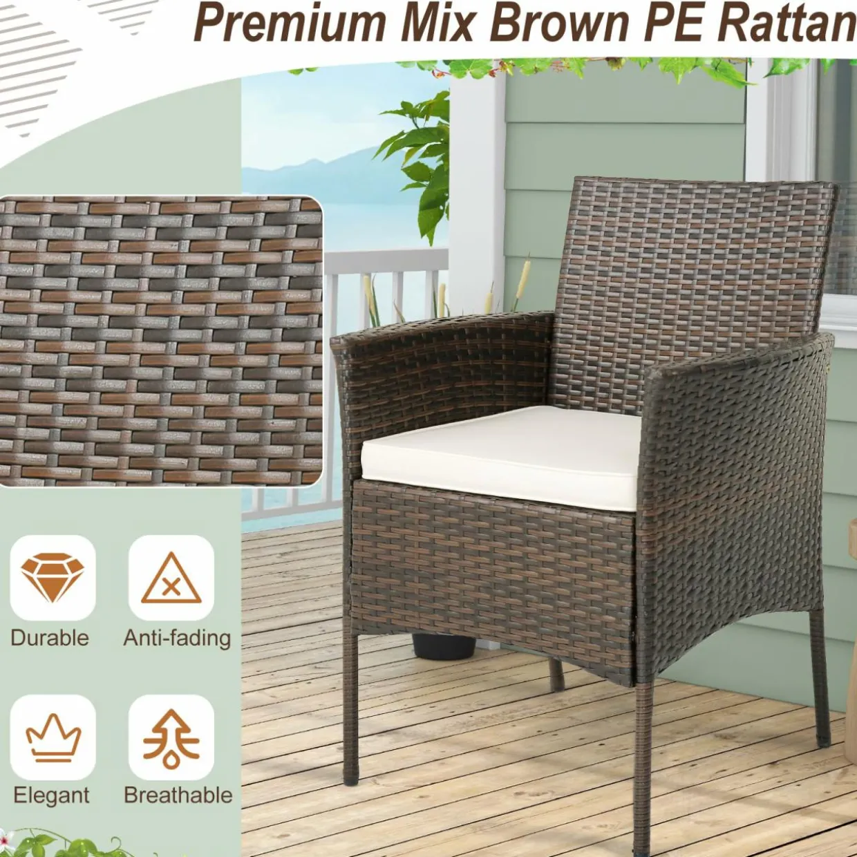Tangkula 5 Pieces Patio Dining Set, 4 Cushioned Wicker Armchairs and Round Acacia Wood Dining Table
