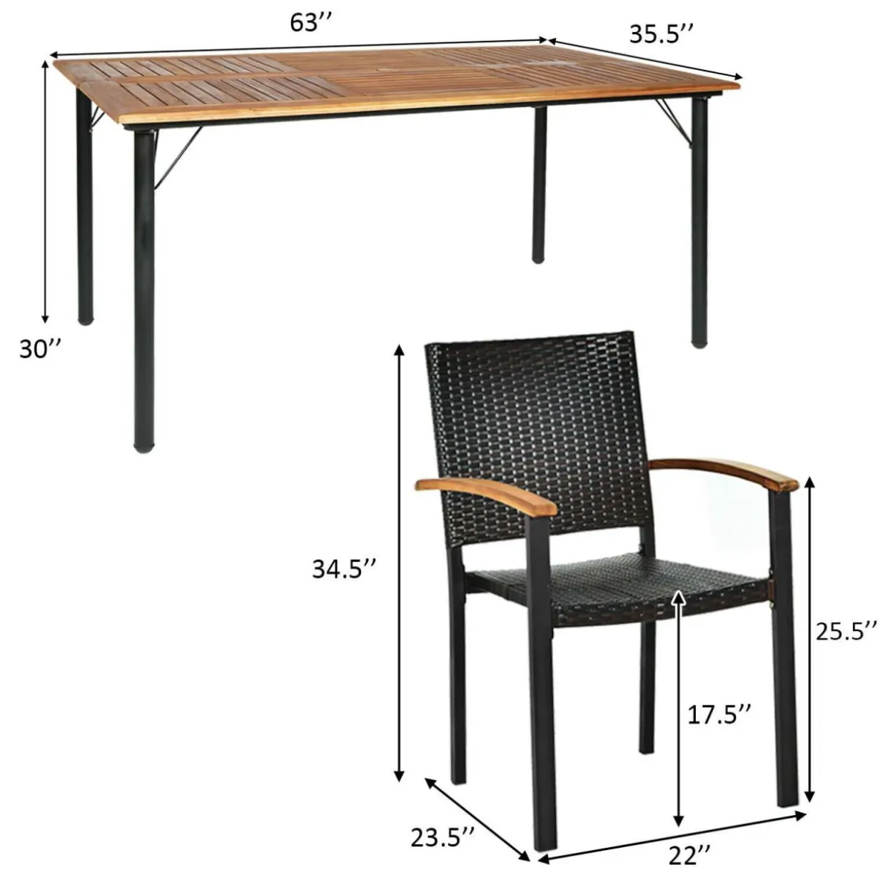 Tangkula 7 Pieces Patio Dining Set, Outdoor Dining Table Set with Acacia Wood Table Top, 6 Wicker Armchairs