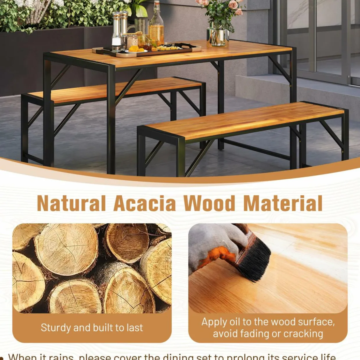 Tangkula 3 Pieces Patio Dining Set for 6 People, Outdoor Picnic Table & 2 Benches, 53” Acacia Wood Dining Table