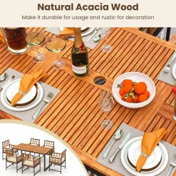 Tangkula 7 Pieces Patio Dining Set, Outdoor Acacia Wood Table and Chairs with Soft Cushions and Umbrella Hole