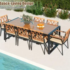Tangkula 9 Pieces Patio Dining Set, Outdoor Acacia Wood Table and Chairs with Soft Cushions and 1.9” Umbrella Hole