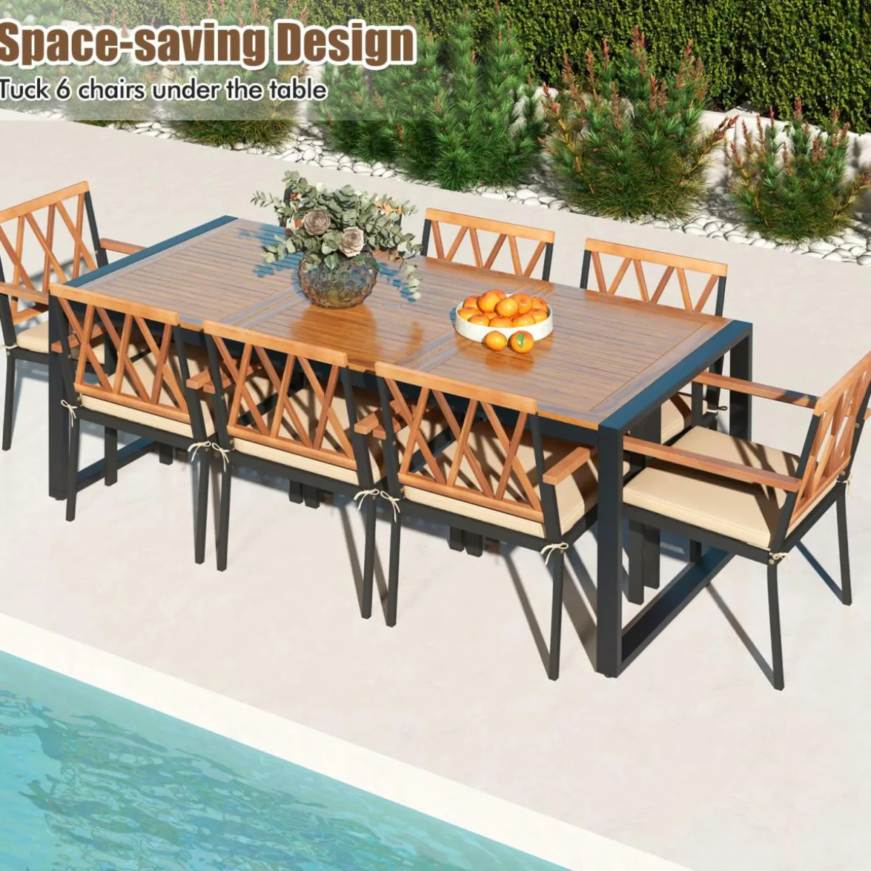 Tangkula 9 Pieces Patio Dining Set, Outdoor Acacia Wood Table and Chairs with Soft Cushions and 1.9” Umbrella Hole
