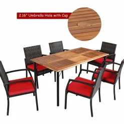 Tangkula 7 Pieces Patio Dining Set, Acacia Wood Wicker Dining Furniture Set with Sturdy Steel Frame & Umbrella Hole