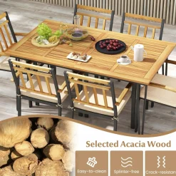 Tangkula 7 Pieces Patio Dining Set with Acacia Wood Dining Table & Armchairs, Soft Cushions, 2” Umbrella Hole