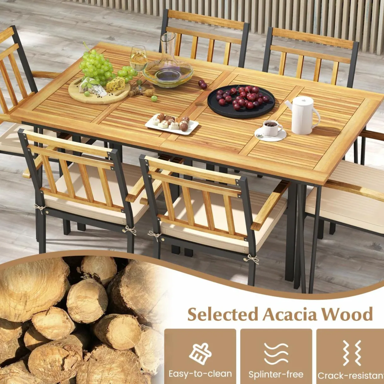 Tangkula 7 Pieces Patio Dining Set with Acacia Wood Dining Table & Armchairs, Soft Cushions, 2” Umbrella Hole