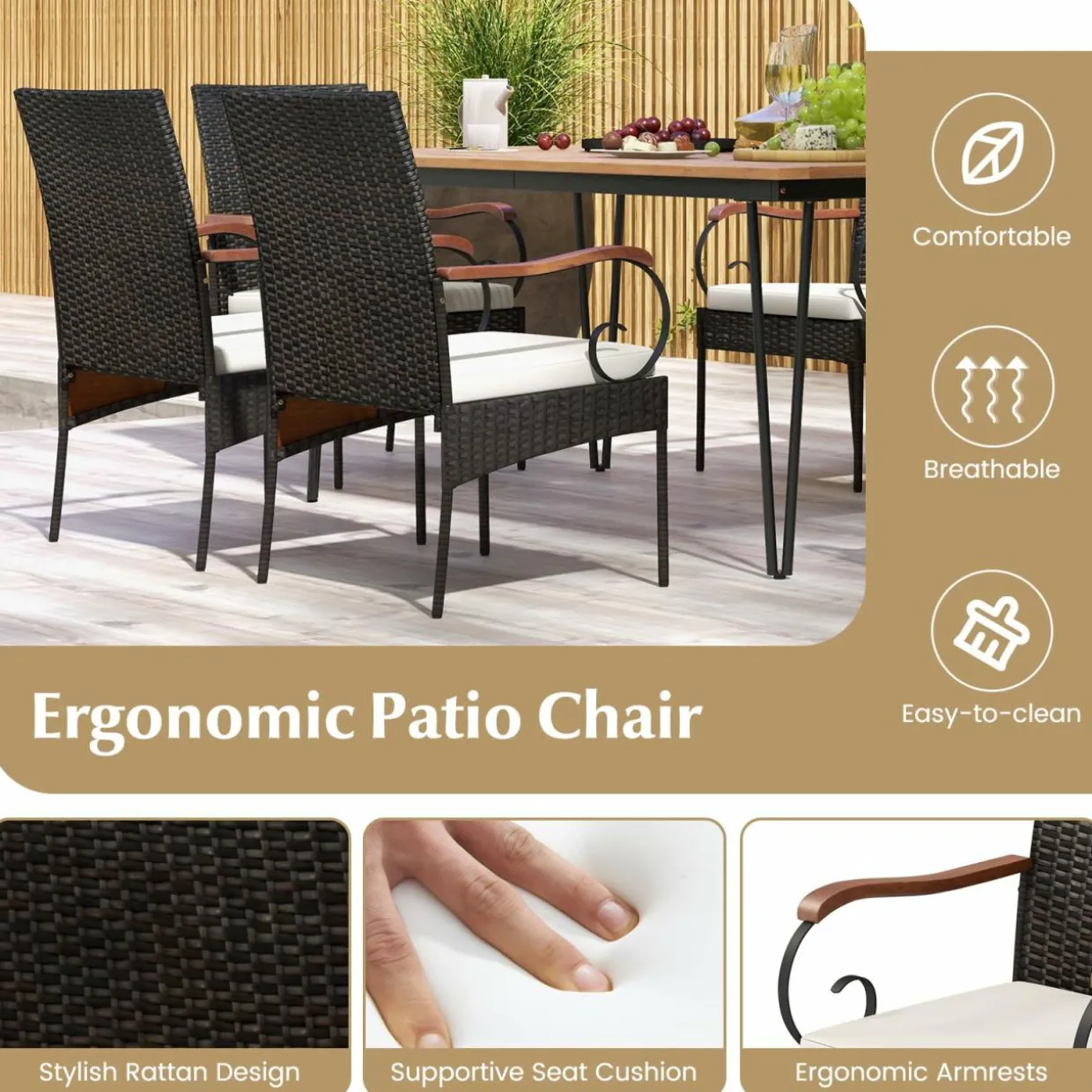 Tangkula 7 Pieces Patio Dining Set with Acacia Wood Dining Table, Rattan Armchairs, Soft Cushions