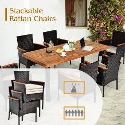 Tangkula 7 Pieces Patio Dining Set, Patiojoy Outdoor Conversation Set w/Acacia Wood Top Table & 6 Stackable Rattan Chairs
