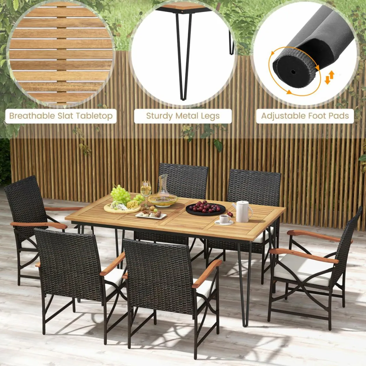 Tangkula 7 Pieces Patio Dining Set with Acacia Wood Dining Table, Rattan Armchairs, Soft Cushions