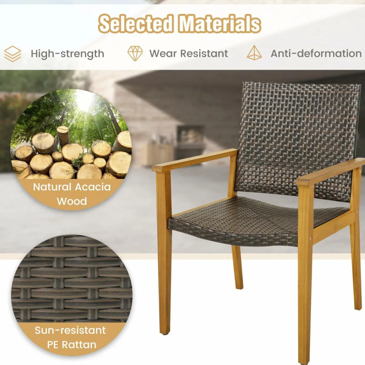 Tangkula 5 Pieces Patio Dining Set, 4 Patio Wicker Armchairs and Round Acacia Wood Dining Table