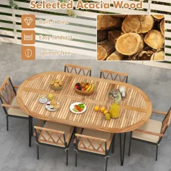 Tangkula 9 Pieces Patio Dining Set, Outdoor Dining Table with Acacia Wood Top & Umbrella Hole