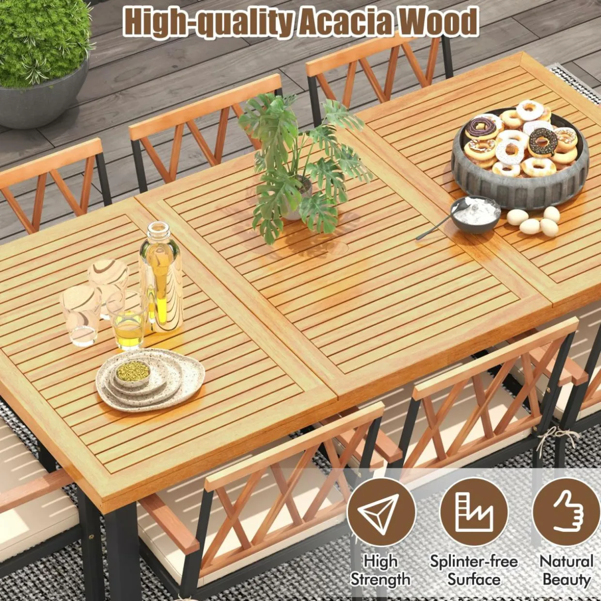 Tangkula 9 Pieces Patio Dining Set, Outdoor Acacia Wood Table and Chairs with Soft Cushions and 1.9” Umbrella Hole