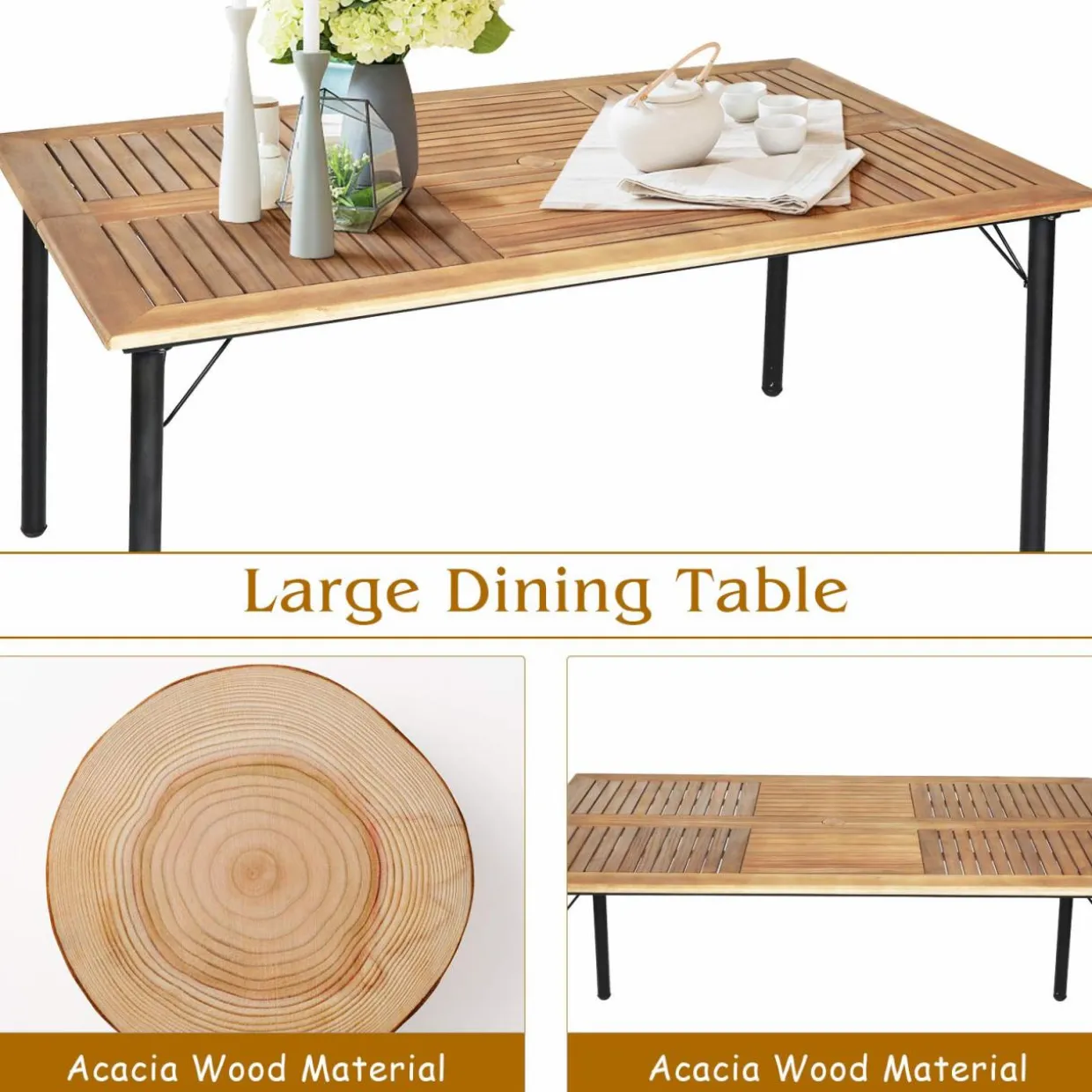 Tangkula 5 Pieces Patio Dining Set, Acacia Wood and Wicker Furniture Set w/2.16"Umbrella Hole for Backyard