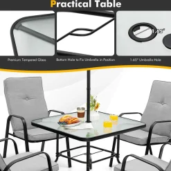 Tangkula 6 Pieces Patio Dining Set w/Umbrella, 35 Inches Square Steel Tempered Glass Table (Grey)