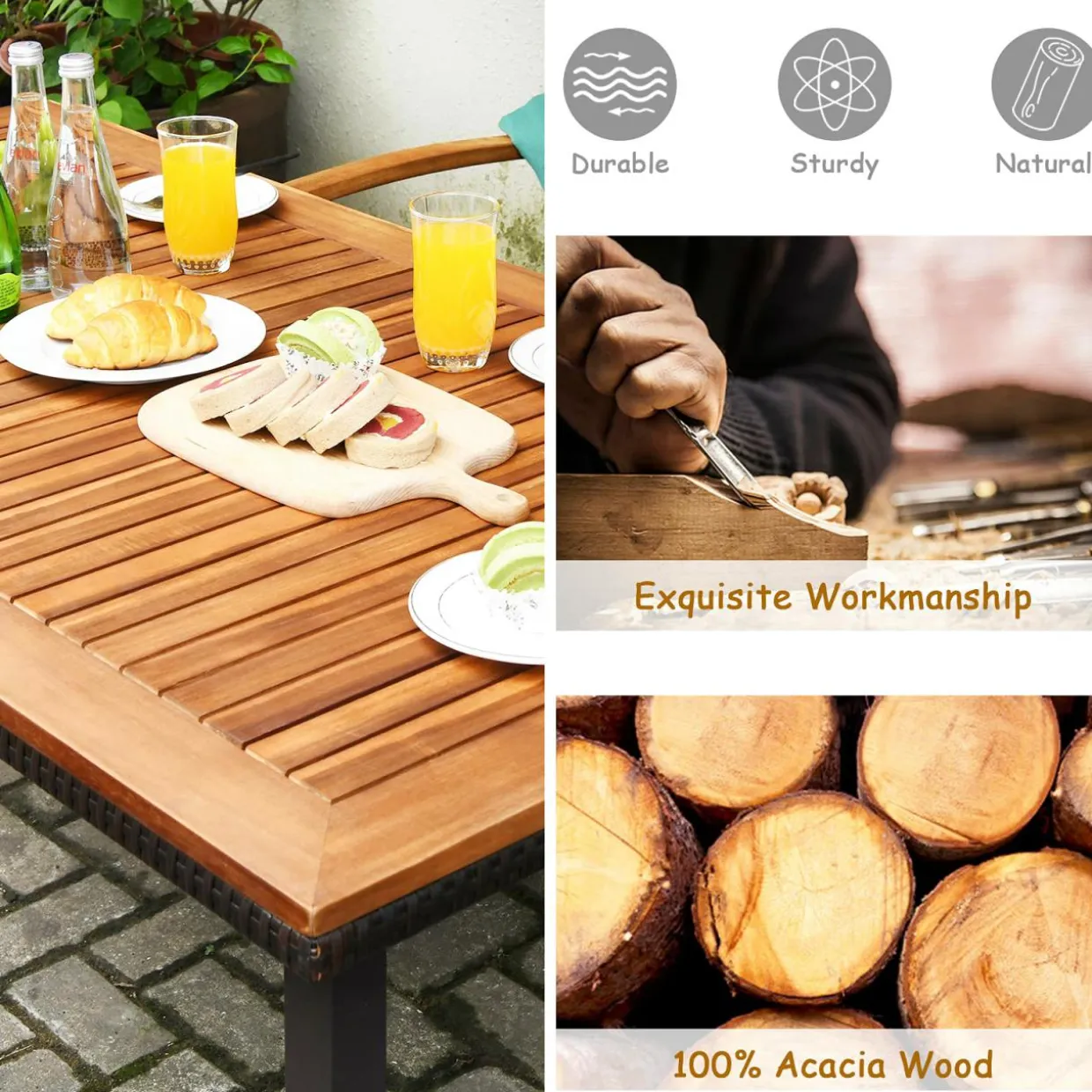 Tangkula 6 Pieces Patio Dining Table and Chairs, Includes All Weather Heavy Duty Acacia Wood Dining Table with Umbrella Hole