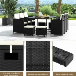 Tangkula 11 Pieces Patio Dining Set, Space-Saving Wicker Chairs & Tempered Glass Table with Ottomans