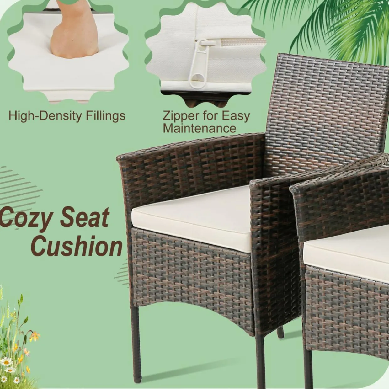 Tangkula 5 Pieces Patio Dining Set, 4 Cushioned Wicker Armchairs and Round Acacia Wood Dining Table