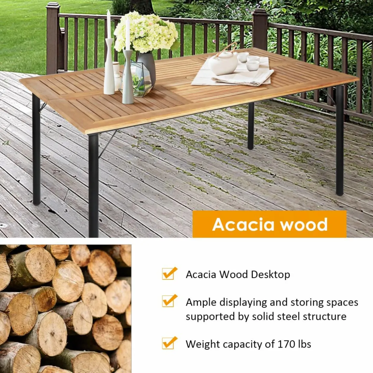 Tangkula 7 Pieces Patio Dining Set, Outdoor Dining Table Set with Acacia Wood Table Top, 6 Wicker Armchairs
