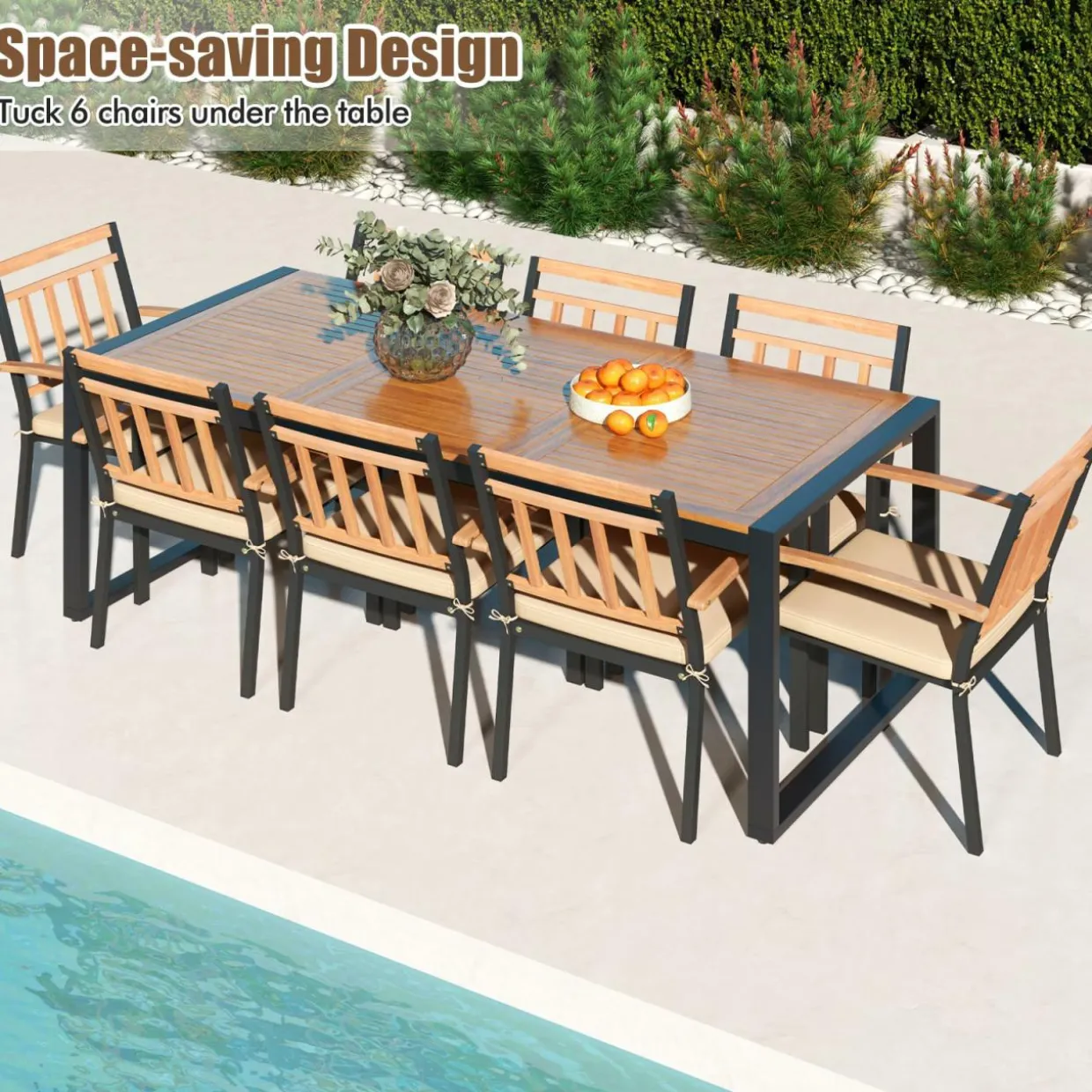 Tangkula 9 Pieces Patio Dining Set, Outdoor Acacia Wood Table and Chairs with Soft Cushions and 1.9” Umbrella Hole