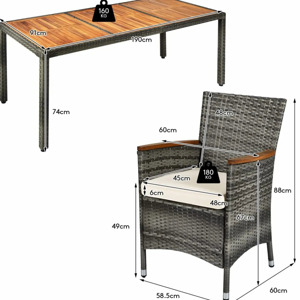 Tangkula 9 Pieces Patio Dining Set, , Outdoor Acacia Wood & Rattan Furniture Set with Cushions, Table & 8 Chairs