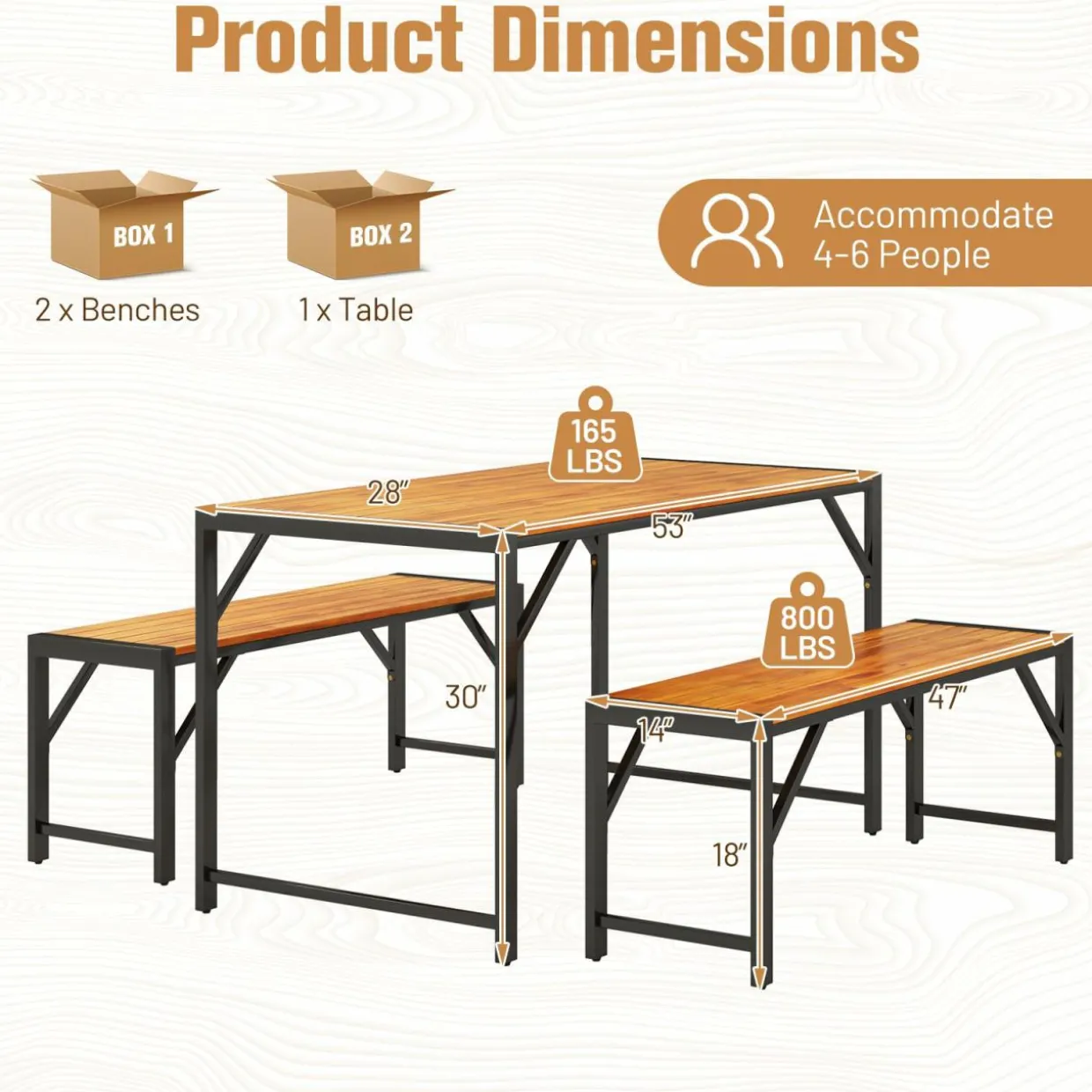 Tangkula 3 Pieces Patio Dining Set for 6 People, Outdoor Picnic Table & 2 Benches, 53” Acacia Wood Dining Table
