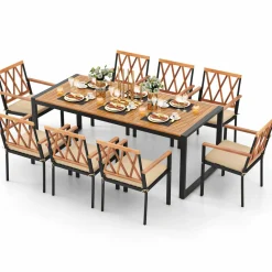 Tangkula 9 Pieces Patio Dining Set, Outdoor Acacia Wood Table and Chairs with Soft Cushions and 1.9” Umbrella Hole