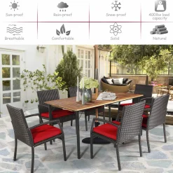 Tangkula 7 Pieces Patio Dining Set, Acacia Wood Wicker Dining Furniture Set with Sturdy Steel Frame & Umbrella Hole