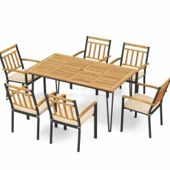 Tangkula 7 Pieces Patio Dining Set with Acacia Wood Dining Table & Armchairs, Soft Cushions, 2” Umbrella Hole
