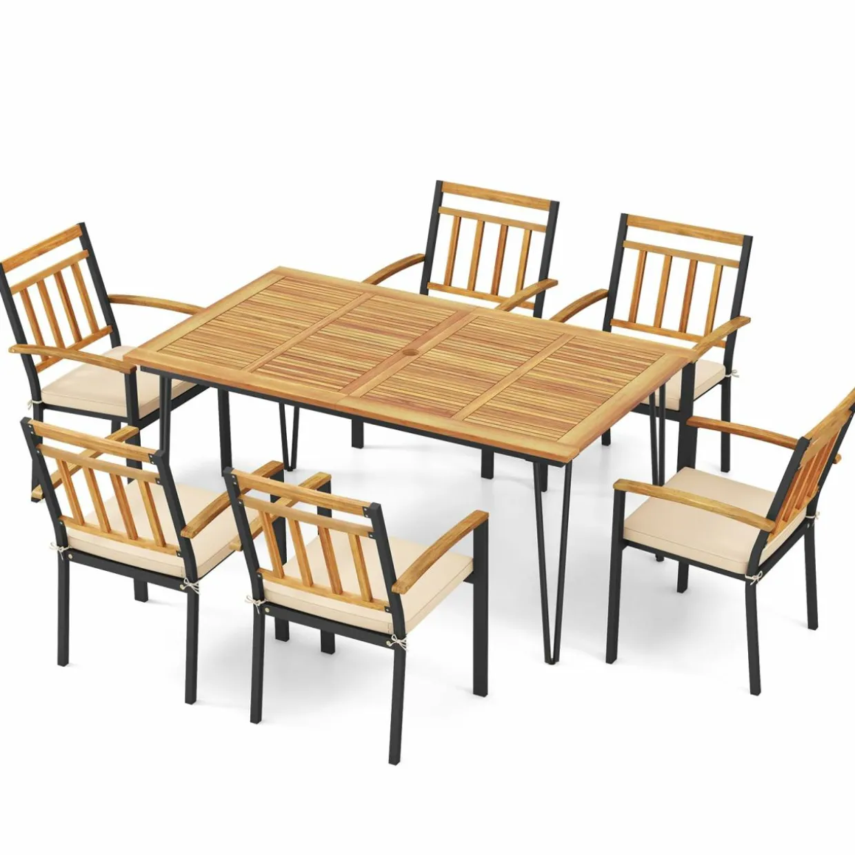 Tangkula 7 Pieces Patio Dining Set with Acacia Wood Dining Table & Armchairs, Soft Cushions, 2” Umbrella Hole