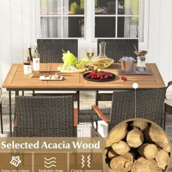 Tangkula 7 Pieces Patio Dining Set with Acacia Wood Dining Table, Rattan Armchairs, Soft Cushions