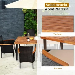 Tangkula 7 Pieces Patio Dining Set, Patiojoy Outdoor Conversation Set w/Acacia Wood Top Table & 6 Stackable Rattan Chairs