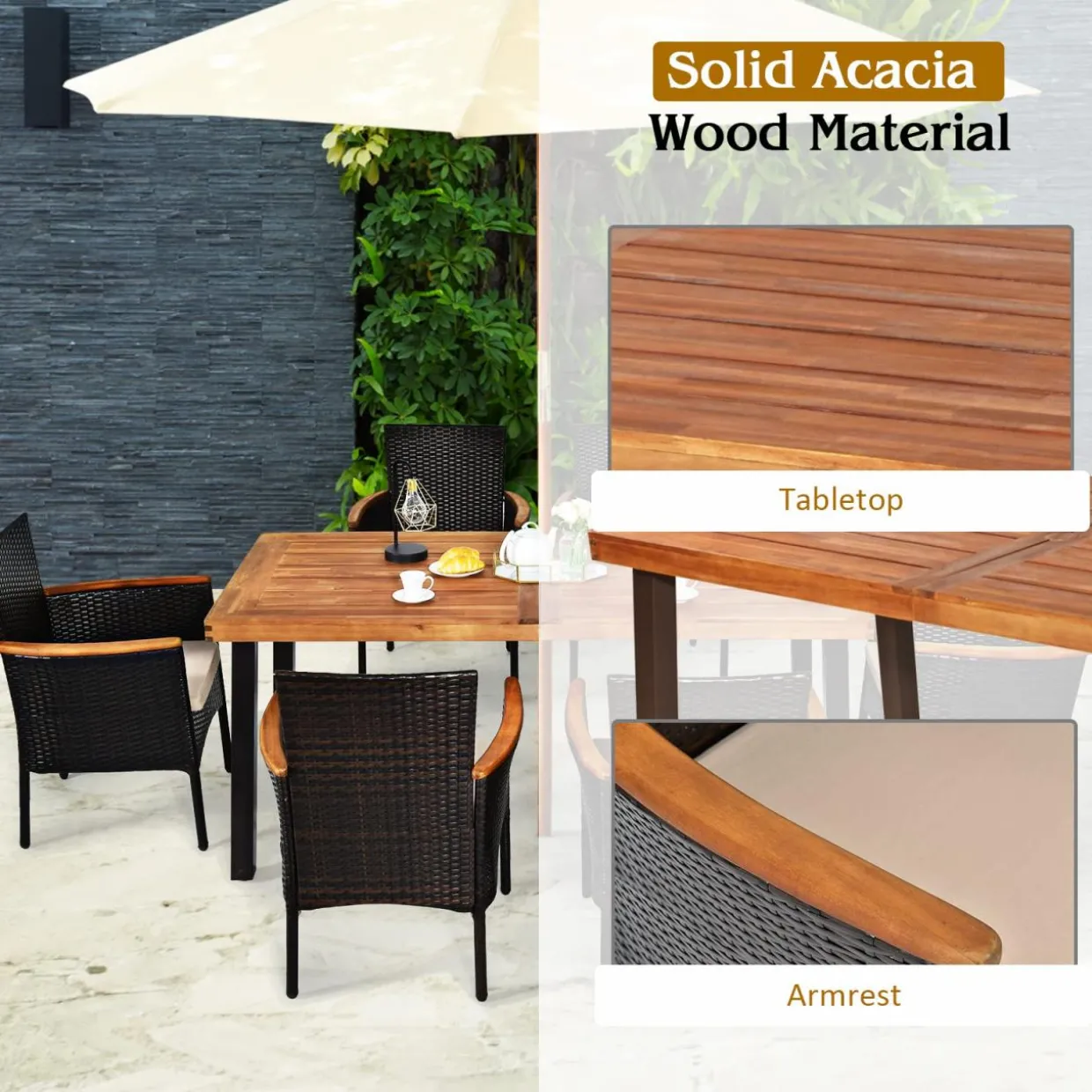 Tangkula 7 Pieces Patio Dining Set, Patiojoy Outdoor Conversation Set w/Acacia Wood Top Table & 6 Stackable Rattan Chairs