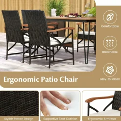 Tangkula 7 Pieces Patio Dining Set with Acacia Wood Dining Table, Rattan Armchairs, Soft Cushions