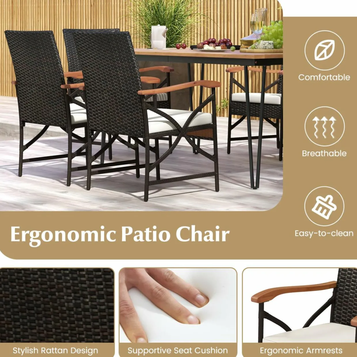 Tangkula 7 Pieces Patio Dining Set with Acacia Wood Dining Table, Rattan Armchairs, Soft Cushions
