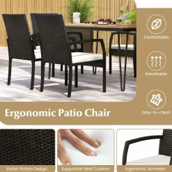 Tangkula 7 Pieces Patio Dining Set with Acacia Wood Dining Table, Rattan Armchairs, Soft Cushions