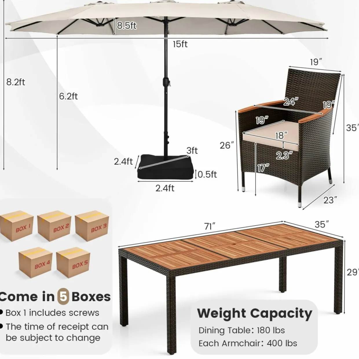 Tangkula 11 Pieces Patio Dining Set with 15ft Double-Sided LED Patio Umbrella (Base Included)