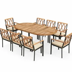 Tangkula 9 Pieces Patio Dining Set, Outdoor Dining Table with Acacia Wood Top & Umbrella Hole