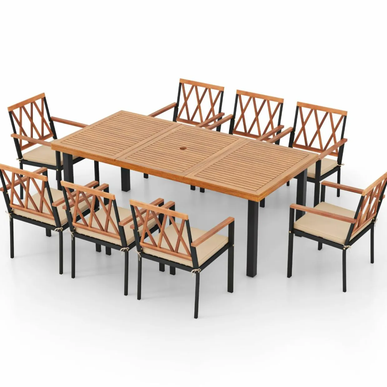 Tangkula 9 Pieces Patio Dining Set, Outdoor Acacia Wood Table and Chairs with Soft Cushions and 1.9” Umbrella Hole