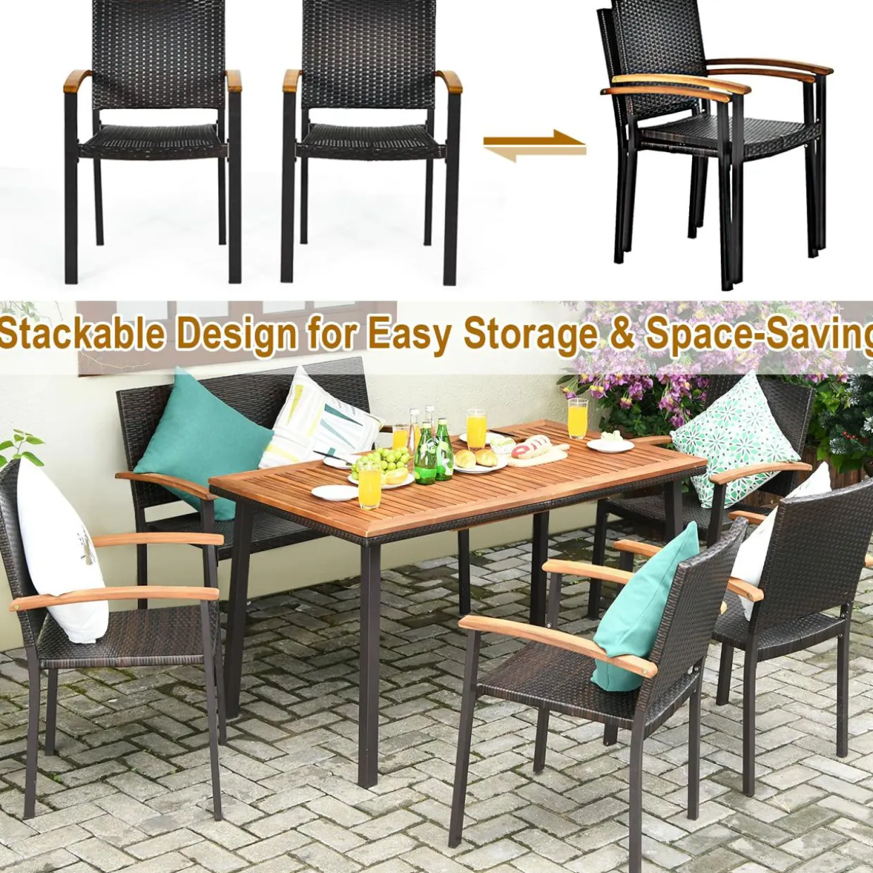 Tangkula 6 Pieces Patio Dining Table and Chairs, Includes All Weather Heavy Duty Acacia Wood Dining Table with Umbrella Hole