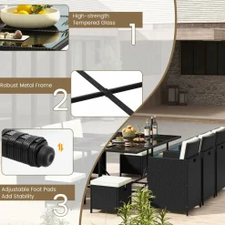 Tangkula 11 Pieces Patio Dining Set, Space-Saving Wicker Chairs & Tempered Glass Table with Ottomans