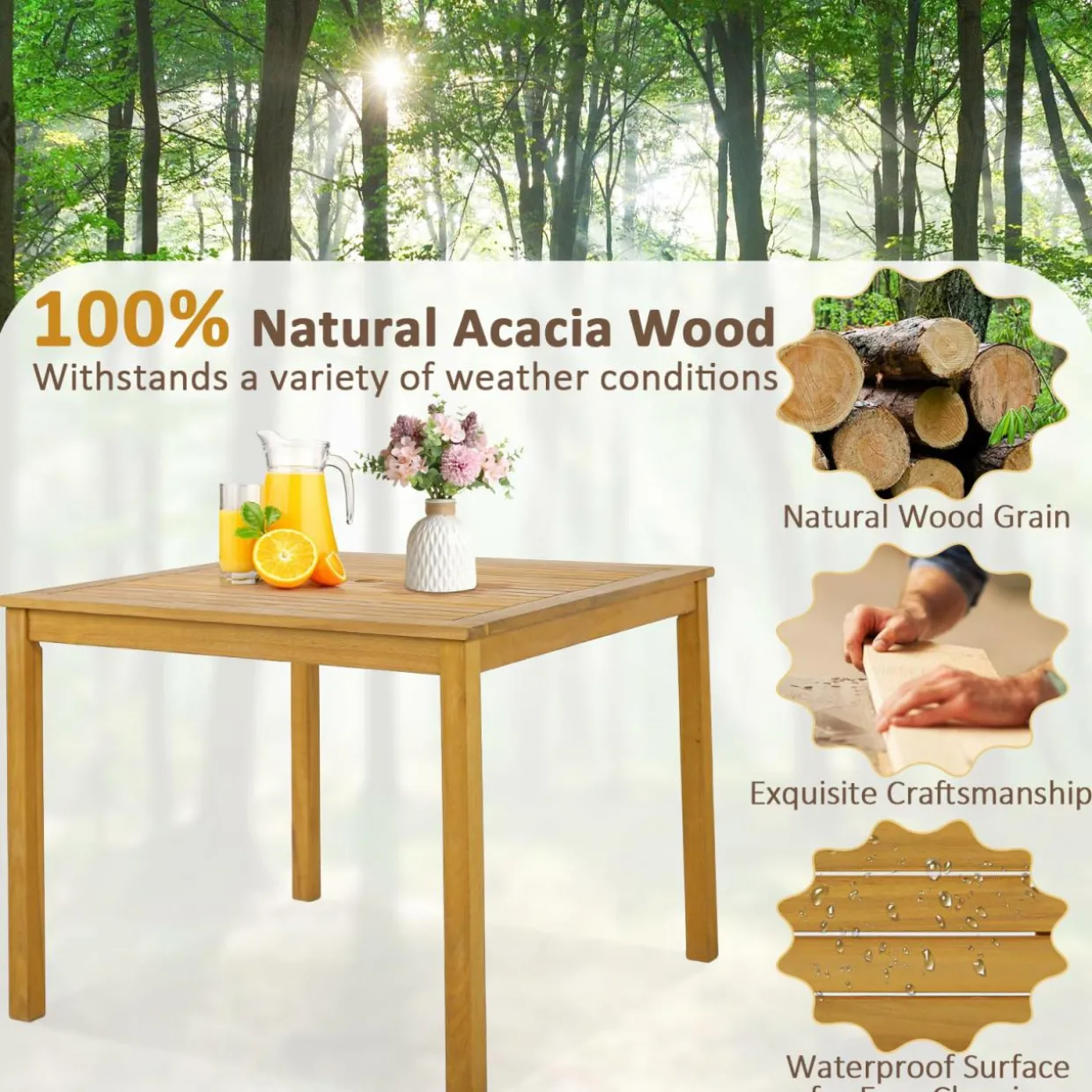 Tangkula 5 Pieces Patio Dining Set, 4 Wicker Armchairs and Square Acacia Wood Dining Table with 1.9” Umbrella Hole